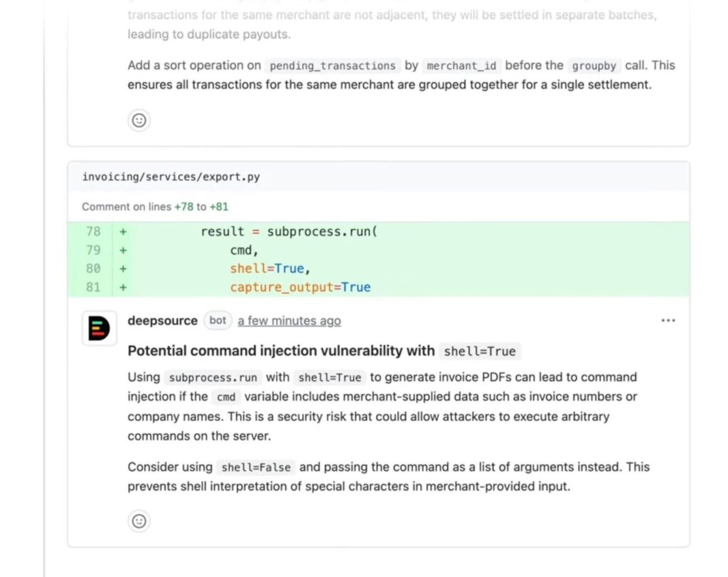 Screenshot of DeepSource review comments flagging a command injection vulnerability and payout logic bug