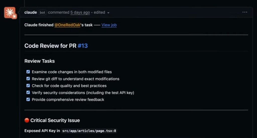 Screenshot of Claude Code Review bot flagging an exposed API key in a pull request