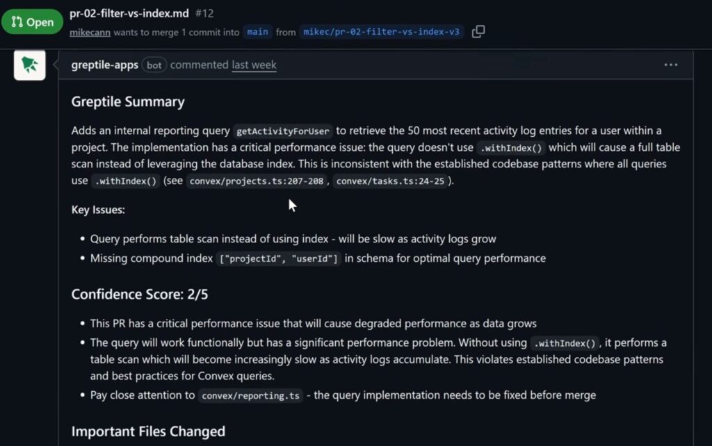 Screenshot of Greptile AI code review comment flagging a query performance issue on GitHub