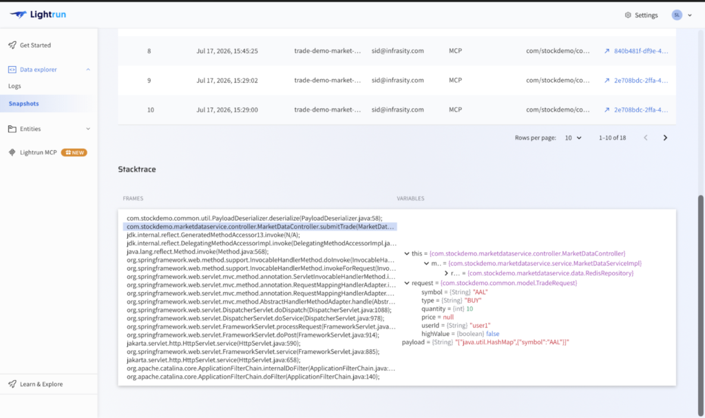Lightrun stacktrace snapshot showing a live BUY trade order for AAL invoking PayloadDeserializer.deserialize() in market-data-service