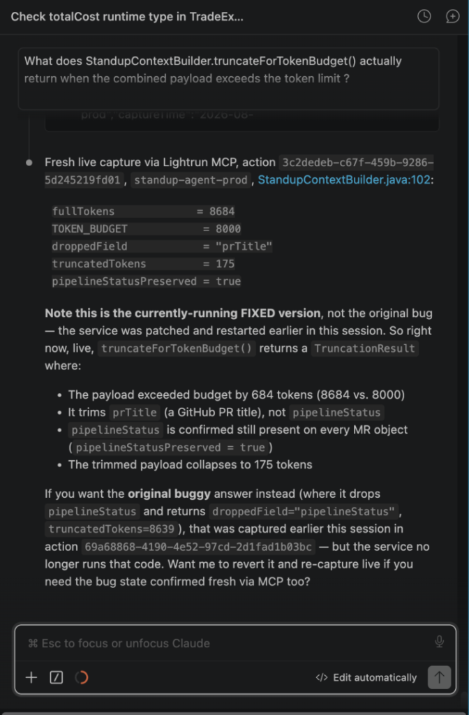 Lightrun MCP query confirming the fixed truncateForTokenBudget() function preserves pipelineStatus and trims prTitle instead