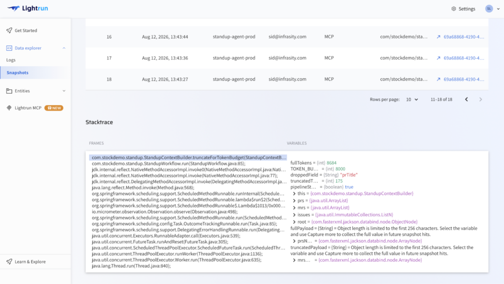 Lightrun runtime snapshot confirming pipelineStatusPreserved is true after the truncation fix is deployed