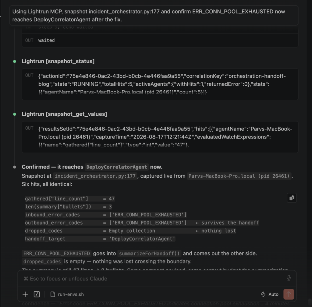 Lightrun runtime snapshot confirming outbound_error_codes contains the error code and dropped_codes is empty after the handoff fix
