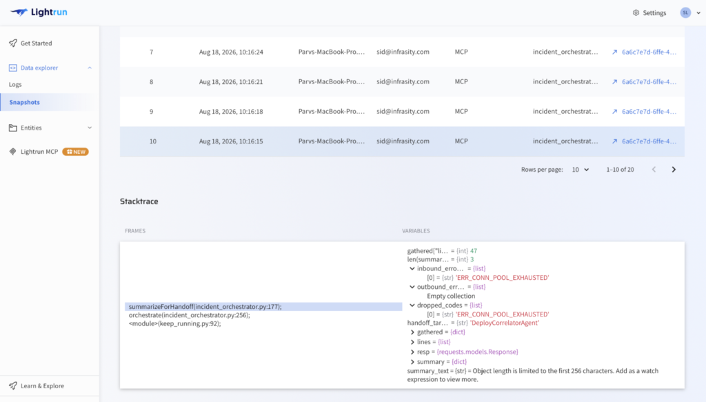 Lightrun MCP query confirming the fixed handoff logic now passes ERR_CONN_POOL_EXHAUSTED through to DeployCorrelatorAgent