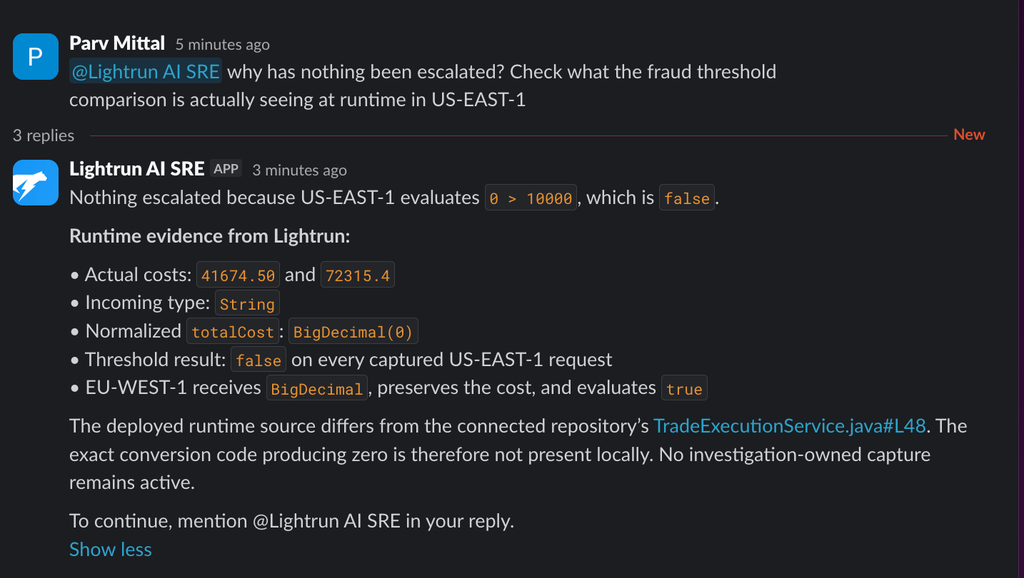 Slack thread where Lightrun AI SRE explains US-EAST-1 evaluating 0 > 10000 as false from runtime evidence