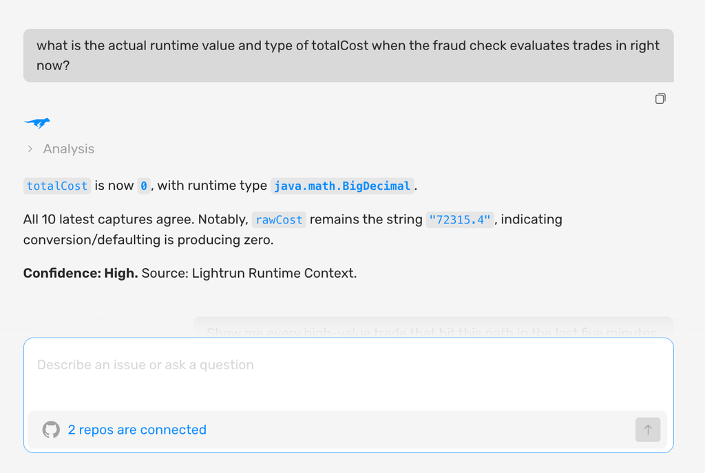 Lightrun AI SRE showing totalCost evaluating as 0 while rawCost remains the string 72315.4 at runtime