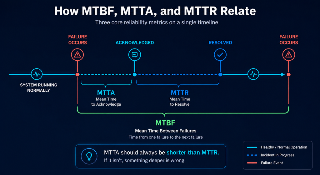 Timeline showing MTTA from failure to acknowledgement, MTTR to resolution, and MTBF between two failures