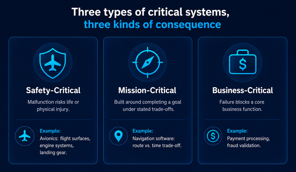 Safety-critical, mission-critical and business-critical systems compared with avionics, navigation and payment examples