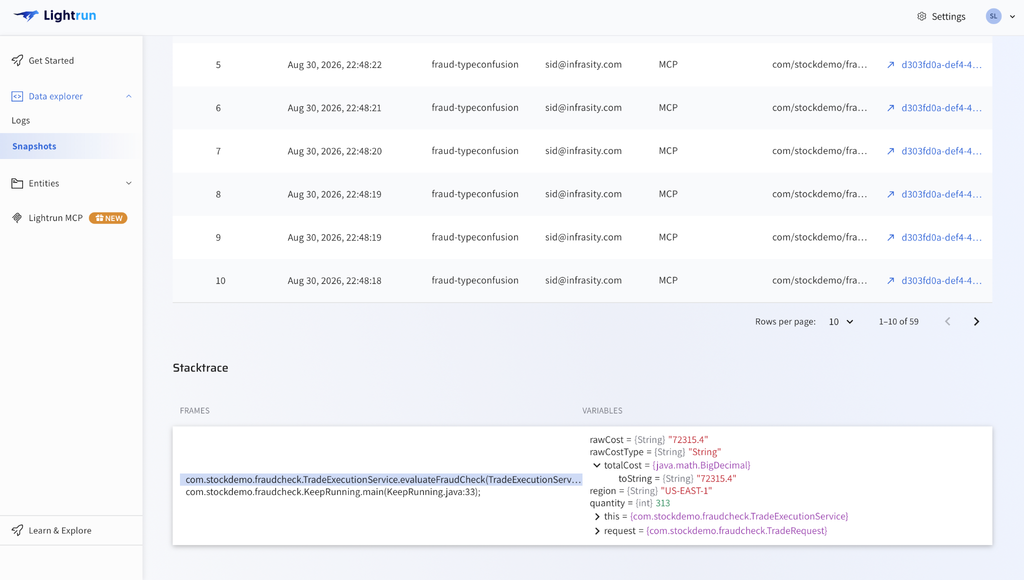 Lightrun snapshots stacktrace showing totalCost correctly normalized to BigDecimal after the fix