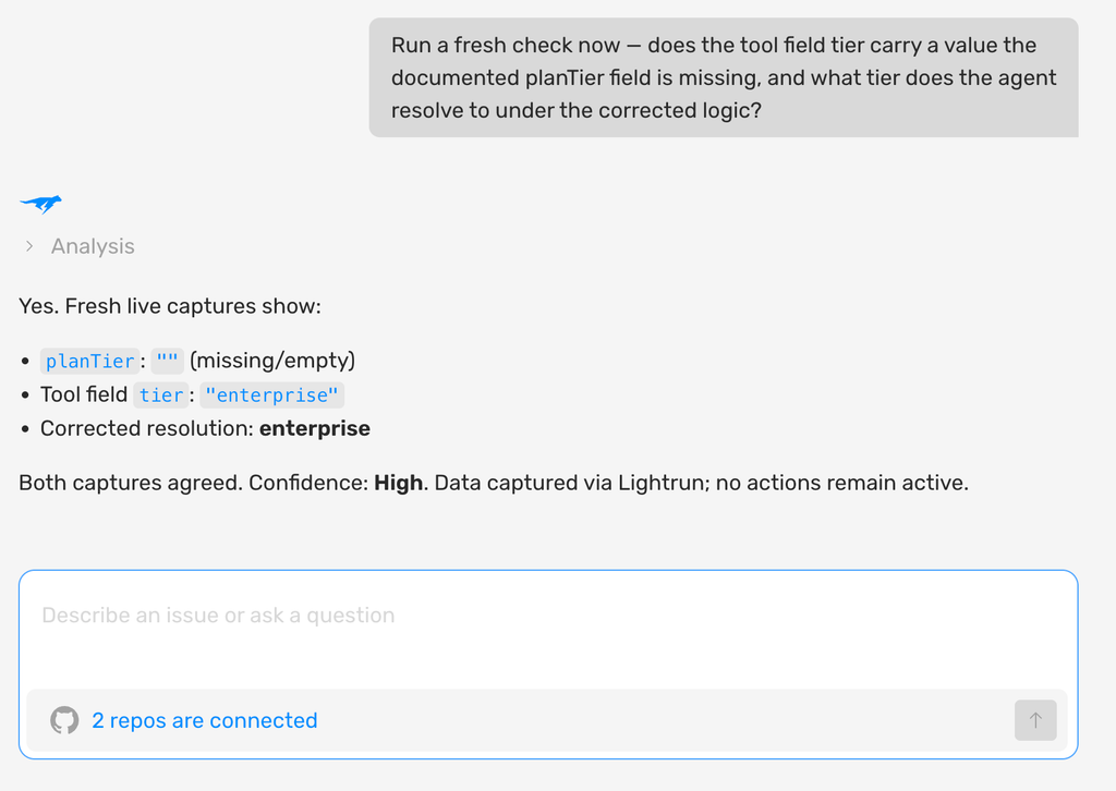 Lightrun runtime capture showing planTier empty, the tier field set to enterprise, and the corrected logic resolving the customer to enterprise"