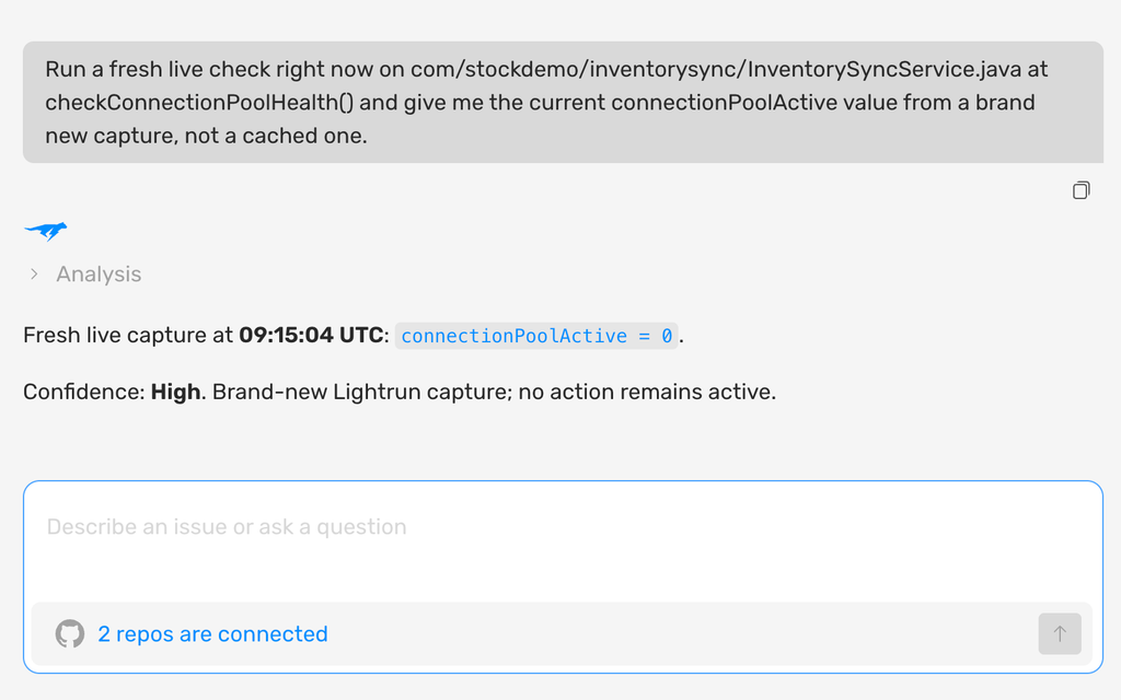 Screenshot of an AI coding assistant chat showing a fresh live capture of connectionPoolActive returning 0 directly from the running InventorySyncService, confirming the frozen exporter value