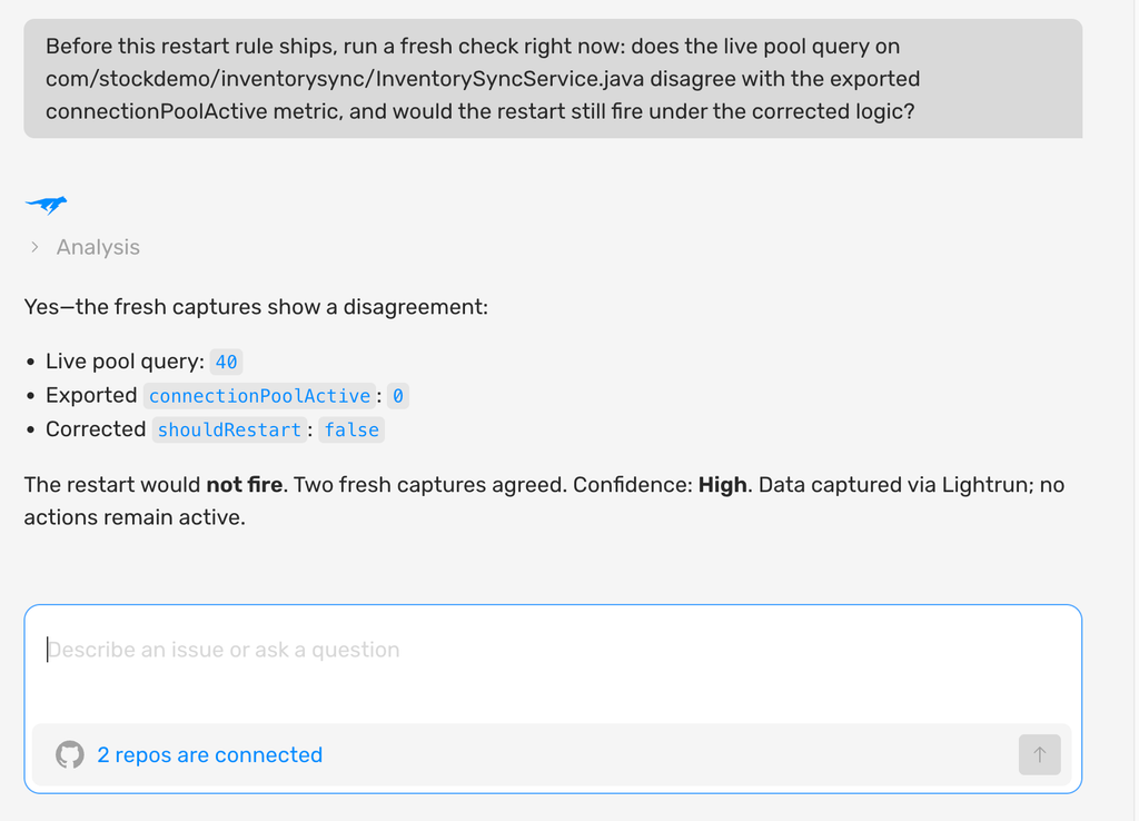 Screenshot of an AI coding assistant chat showing the live pool count at 40 against the exported metric at 0, with the corrected shouldRestart rule resolving to false