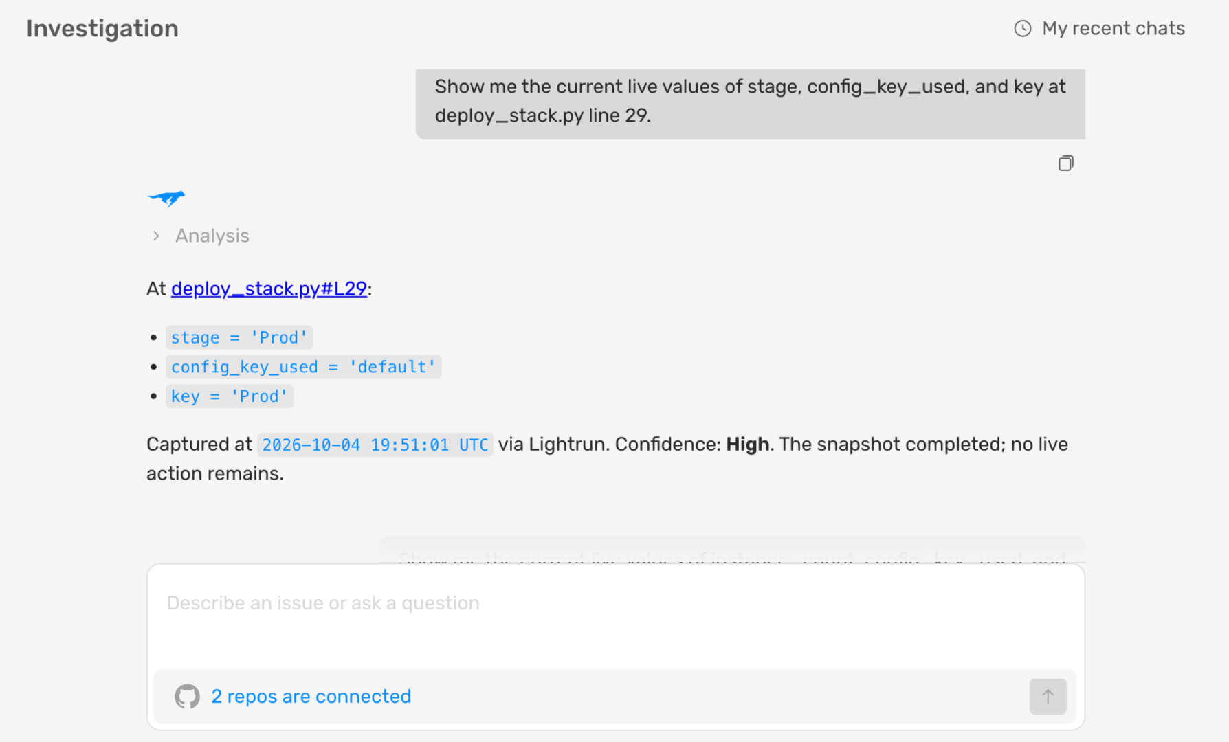 Lightrun AI SRE snapshot at deploy_stack.py line 29 showing stage as Prod and config_key_used as default