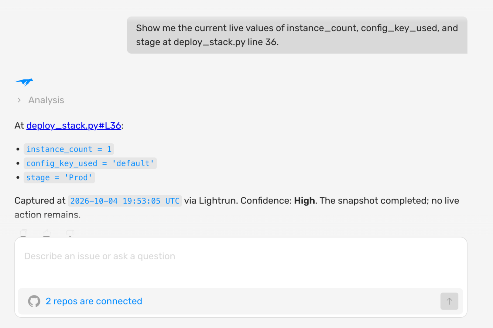 Lightrun AI SRE snapshot at deploy_stack.py line 36 showing instance_count as 1 with config_key_used set to default