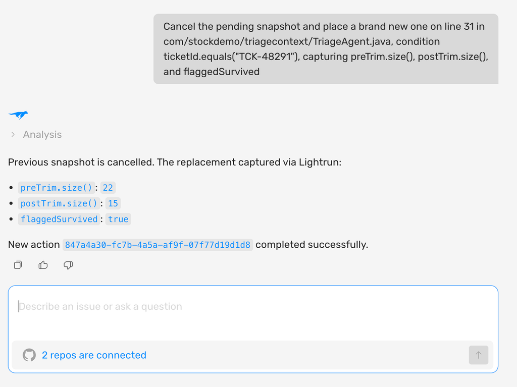 Screenshot of an AI coding assistant chat showing a replacement snapshot confirming the fix, with flaggedSurvived now returning true after the trimming logic was corrected