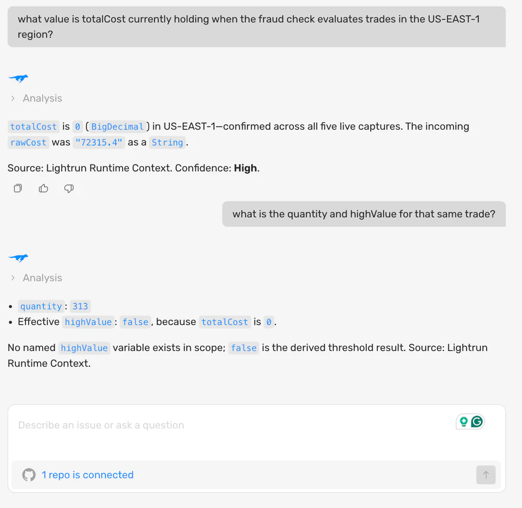 Screenshot of Lightrun AI SRE showing runtime analysis confirming totalCost is 0 as a BigDecimal in the US-EAST-1 region