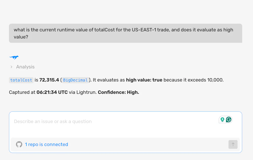 Screenshot of Lightrun AI SRE confirming the corrected totalCost value of 72,315.4 evaluates correctly as high value