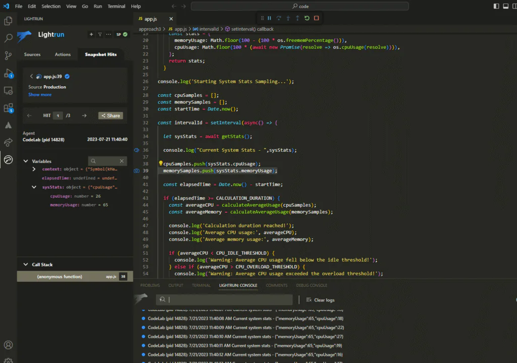 Lightrun debugging panels in VS Code