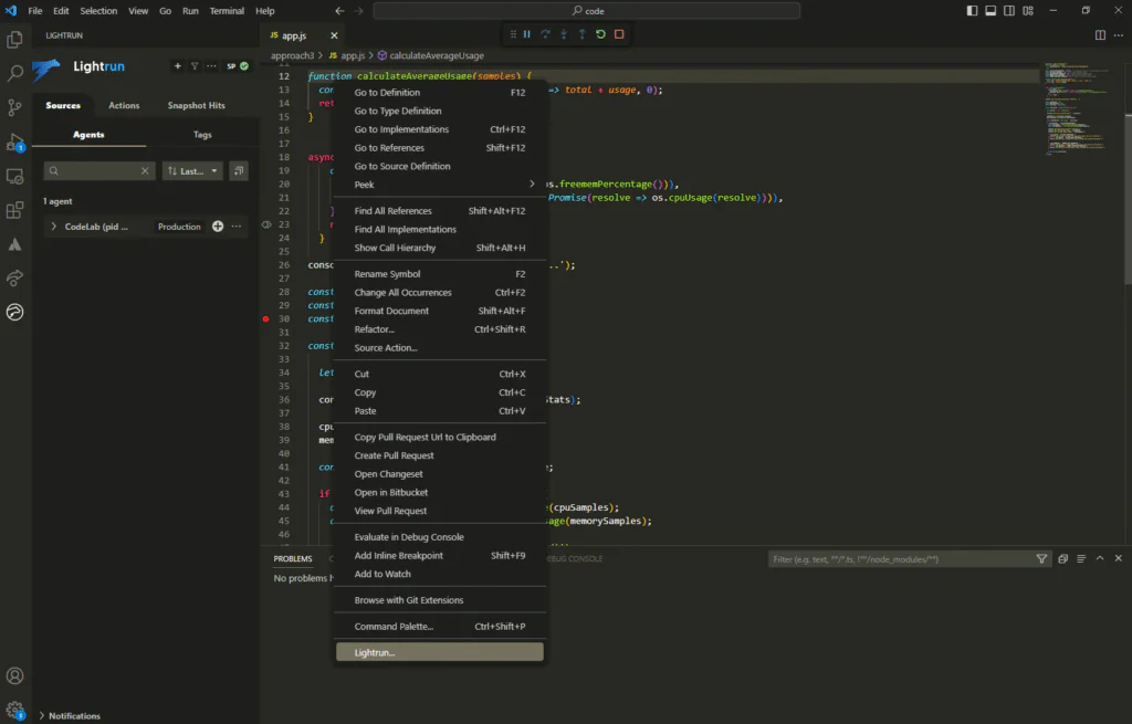 Lightrun actions in VS Code