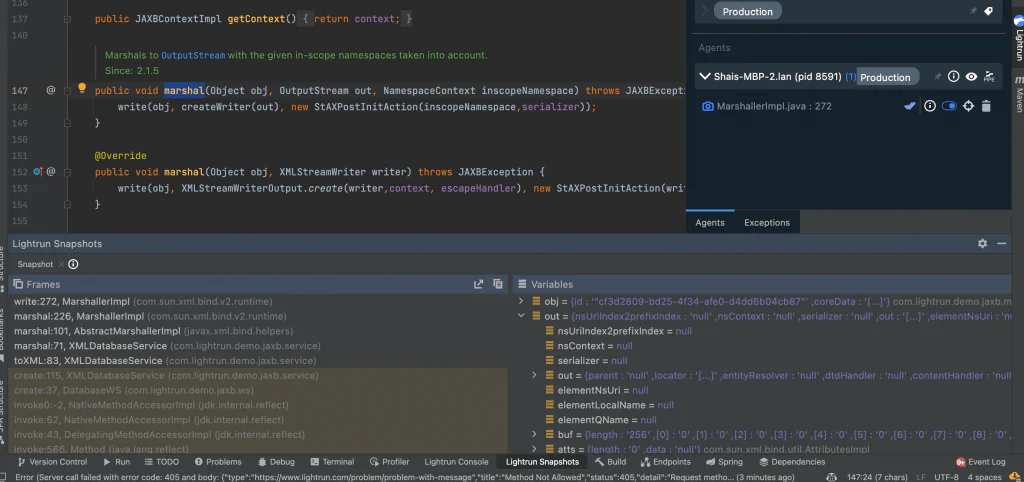 Lightrun snapshot detailing XML marshalling