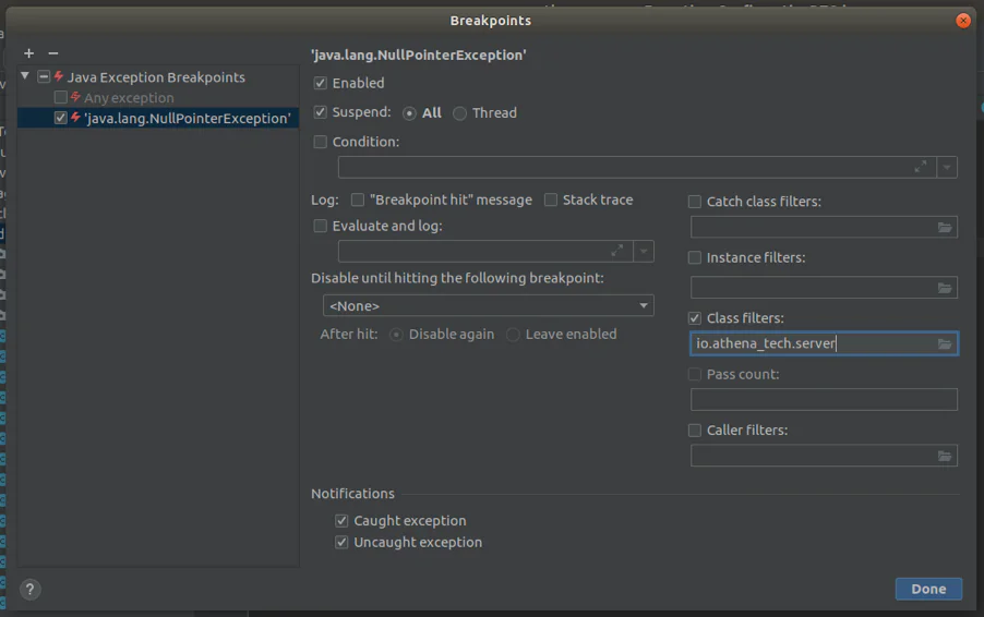 Exception breakpoint in IntelliJ IDEA