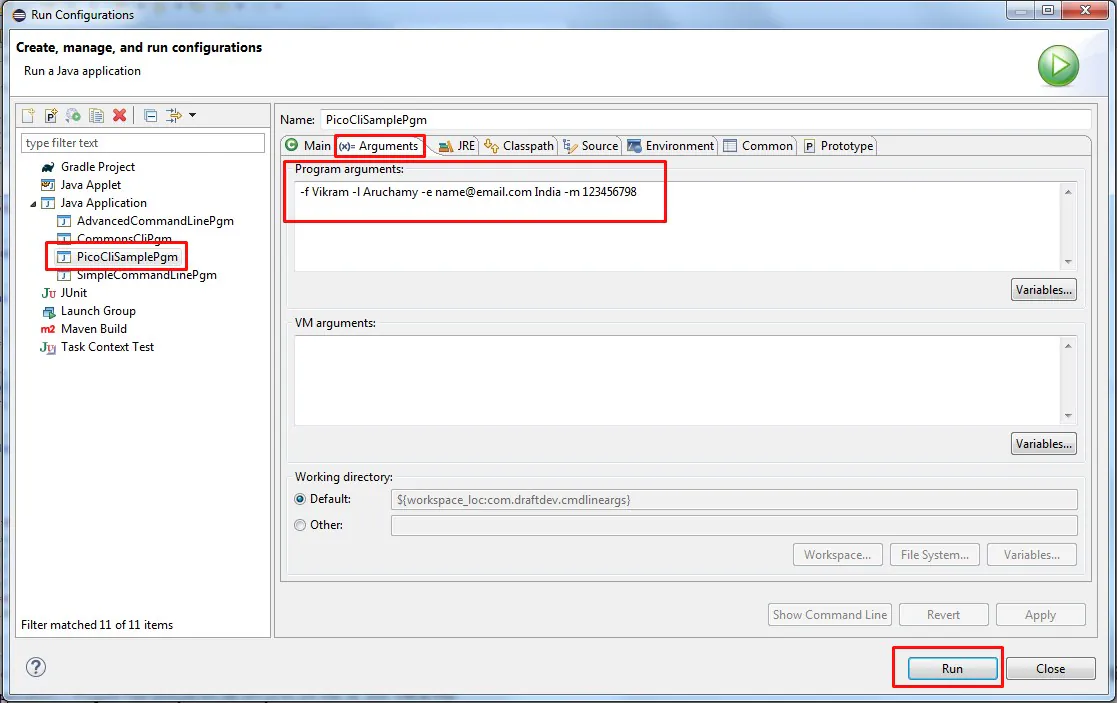 Running a Java command line class with arguments in Eclipse