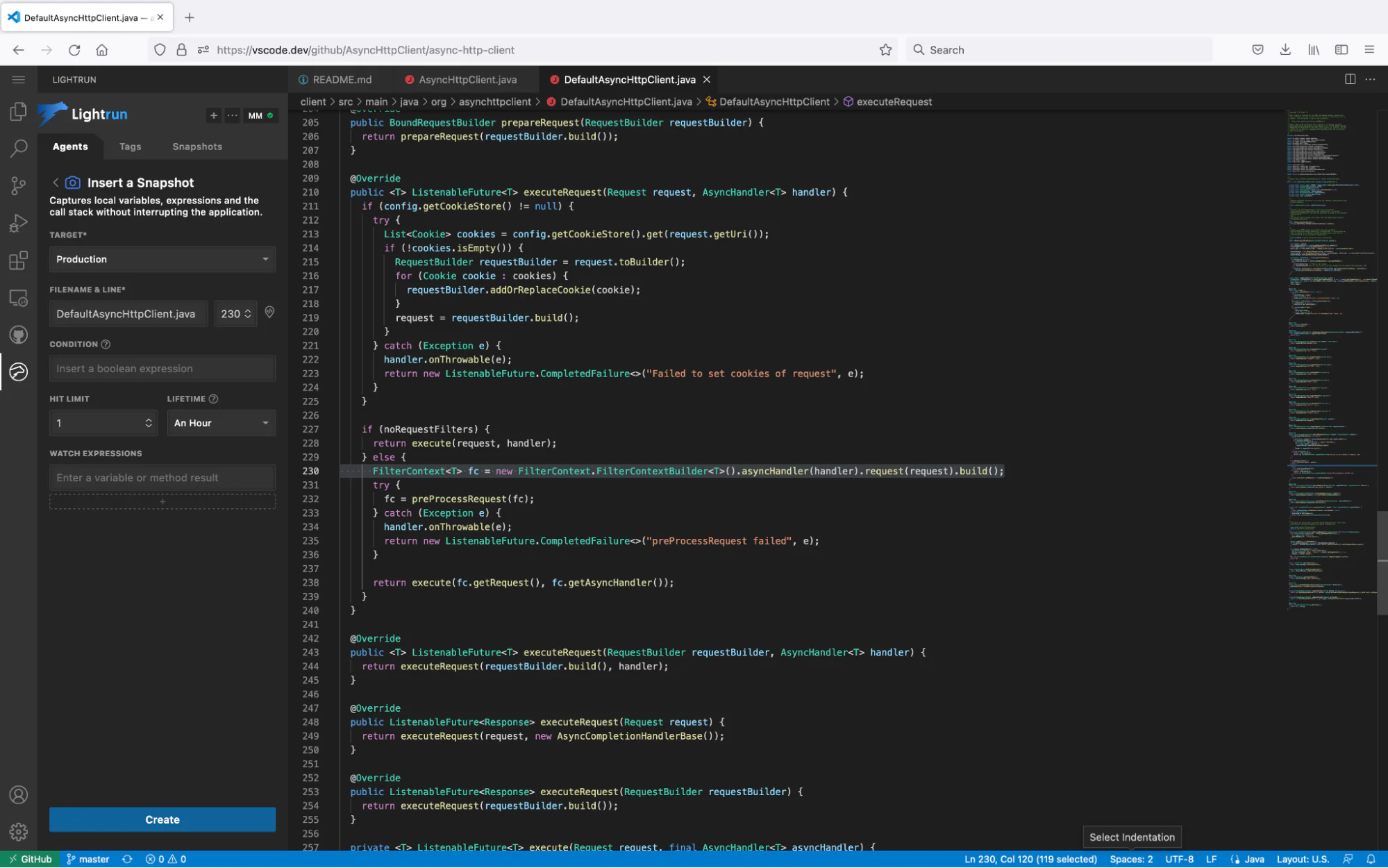 Inserting a Lightrun snapshot in VS Code for the Web