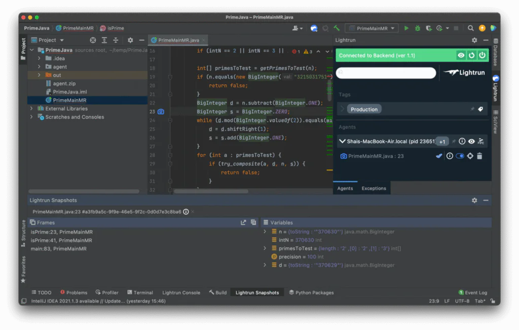 Adding a snapshot in Lightrun's IntelliJ IDEA plugin