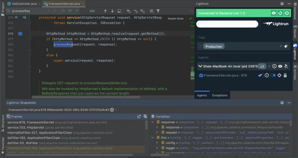 Debugging Spring with Lightrun's logs and snapshots