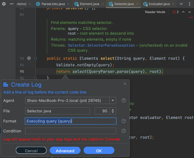 Formatting a virtual log in Lightrun