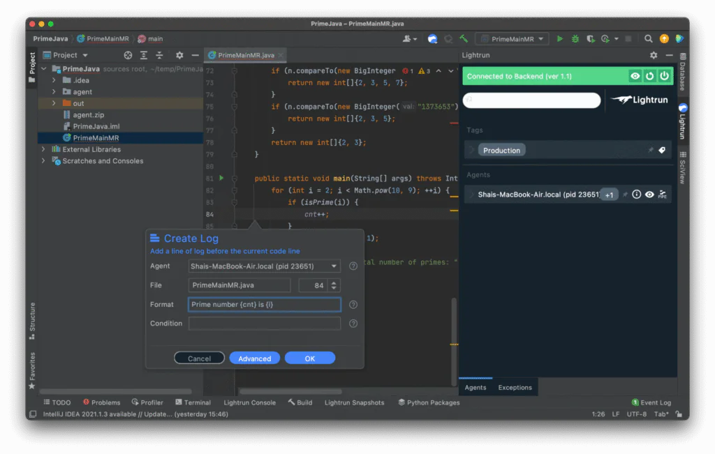 Creating a log in Lightrun's IntelliJ plugin