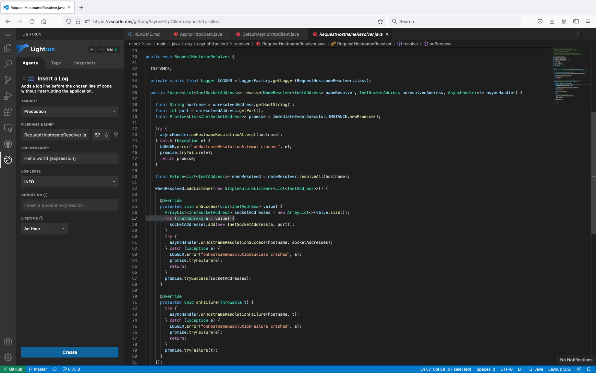 Inserting a Lightrun virtual log in VS Code for the Web