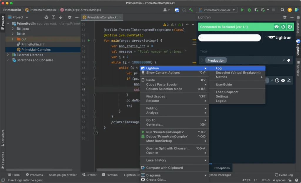 Setting up a Lightrun log in the Kotlin application