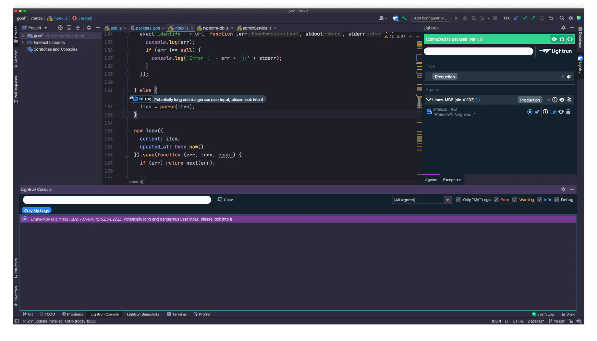 Virtual log entry in the Lightrun console
