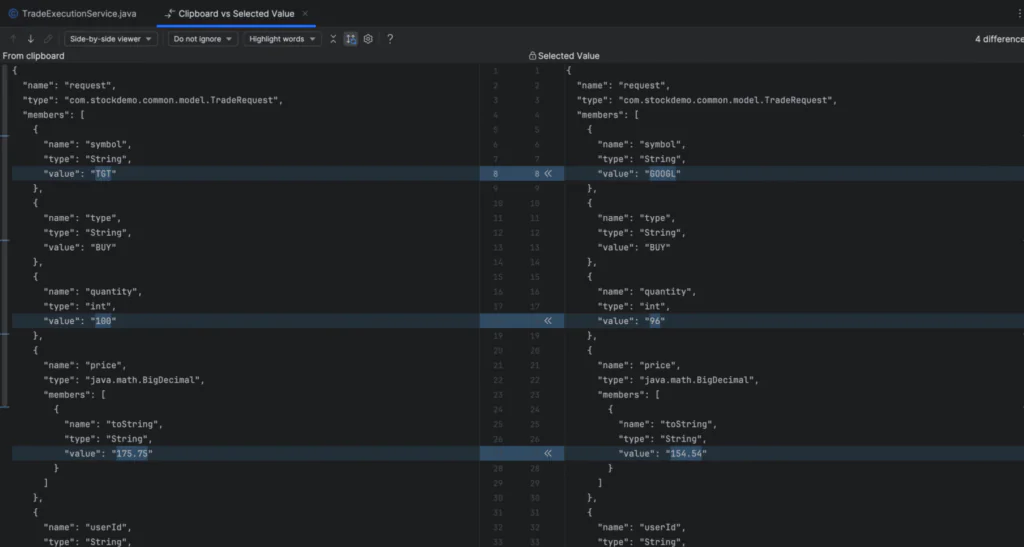 Side-by-Side Variable Comparison for Snapshot Debugging