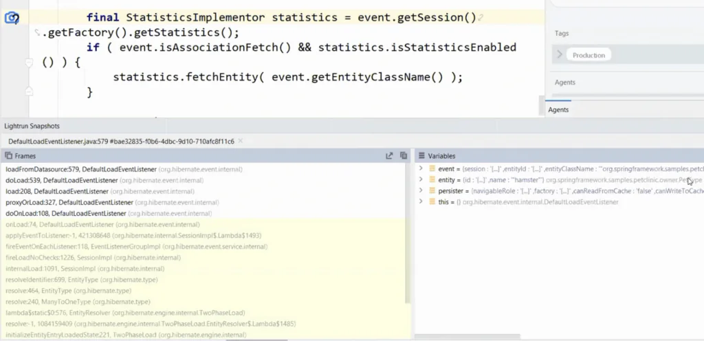 Stack frames shown in Lightrun Snapshots view