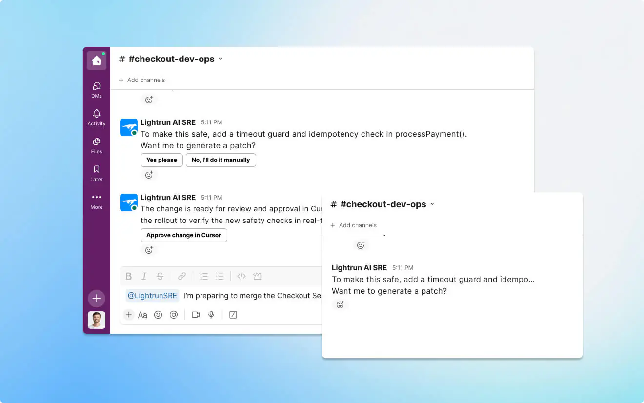 Lightrun AI SRE generating and approving a production code fix in Slack
