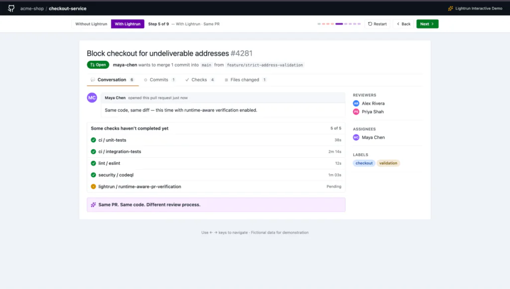 GitHub pull request showing a Lightrun bot comment flagging a production regression that would block 711 valid checkouts with an actionable fix recommendation