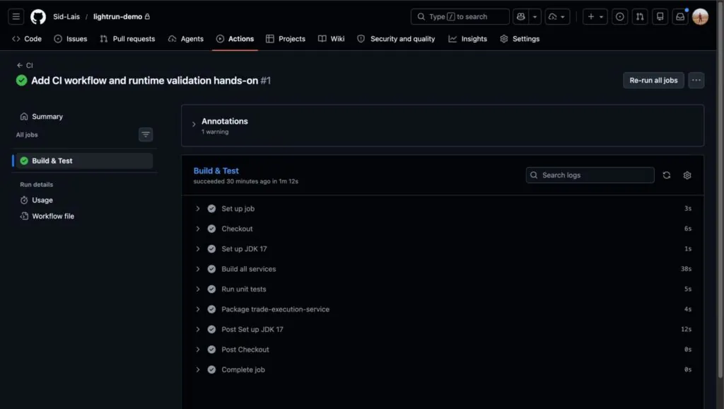 GitHub Actions CI workflow showing all stages passing &mdash; Set up job, Checkout, JDK 17, Build, Unit tests &mdash; despite a broken reflection setter in the artifact