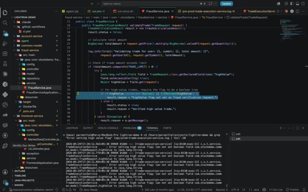 Lightrun variables panel showing request.isHighValue() returning false (boolean) for a $15,512.40 MSFT trade, with full call stack confirming a live production HTTP request