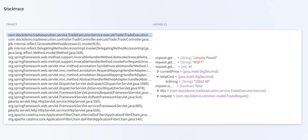 Lightrun variables panel showing request.isHighValue() returning false (boolean) for a $15,512.40 MSFT trade, with full call stack confirming a live production HTTP request