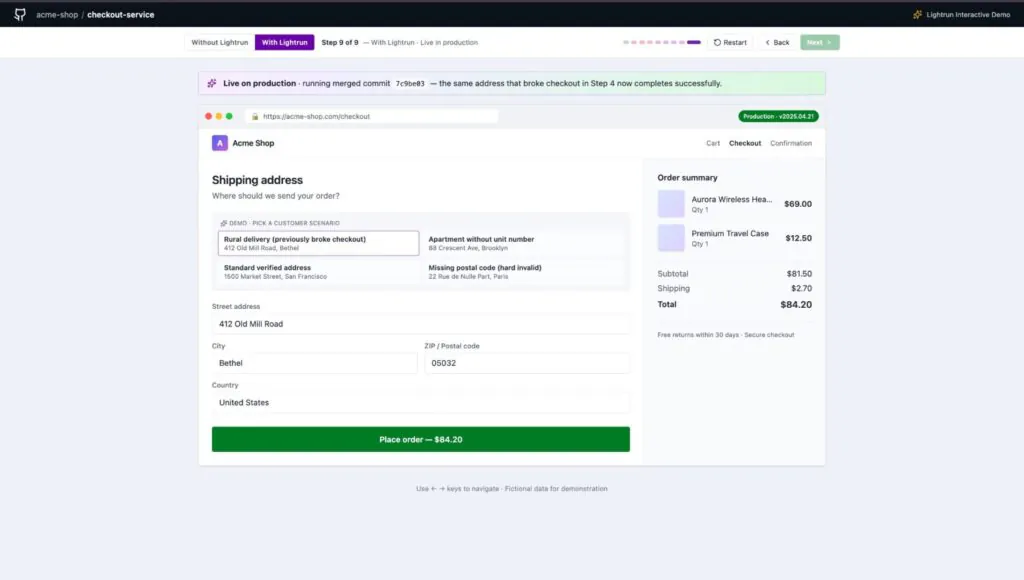 Acme Shop checkout page showing the same previously blocked address now completing successfully after the corrected PR was merged