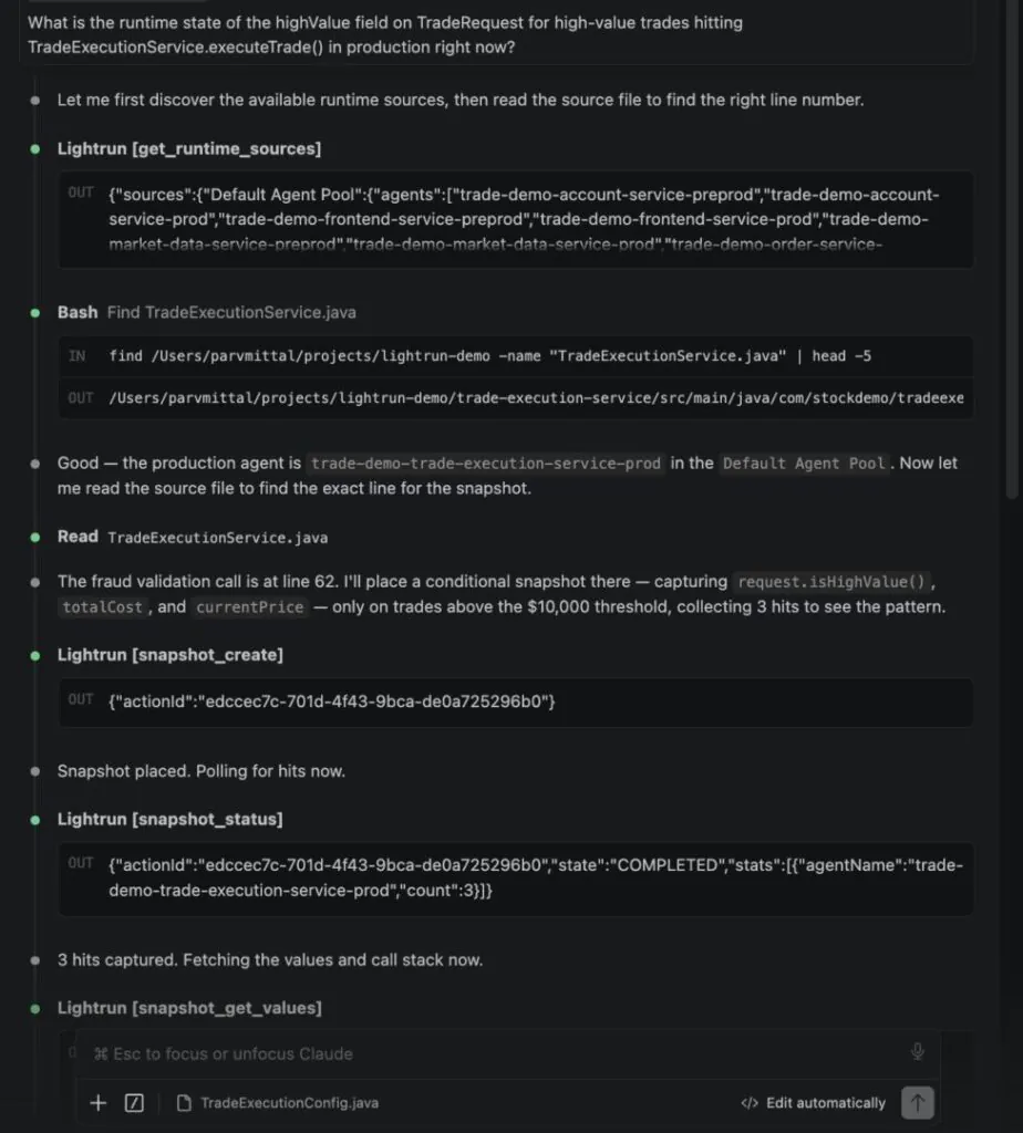 Claude Code chat panel in VS Code showing Lightrun MCP placing a conditional snapshot on TradeExecutionService.java at the fraud validation line in live production