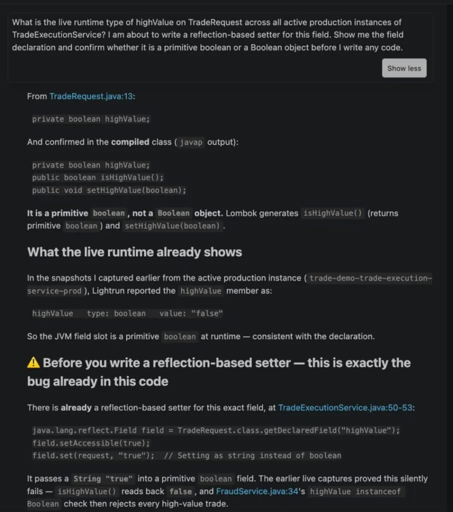 Lightrun AI SRE automatically generating a Jira incident ticket and linking a Notion root cause analysis after identifying a production issue