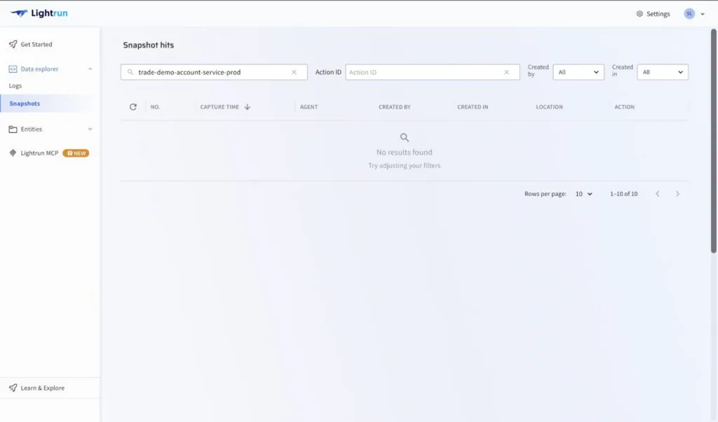 Lightrun Snapshot hits panel showing zero captured invocations for account-service, confirming the vulnerable deserialization path is never reached