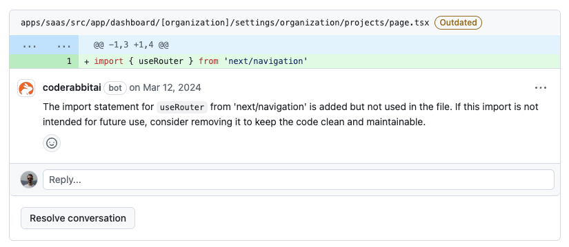 Screenshot of CodeRabbit AI review comment flagging an unused import in a pull request