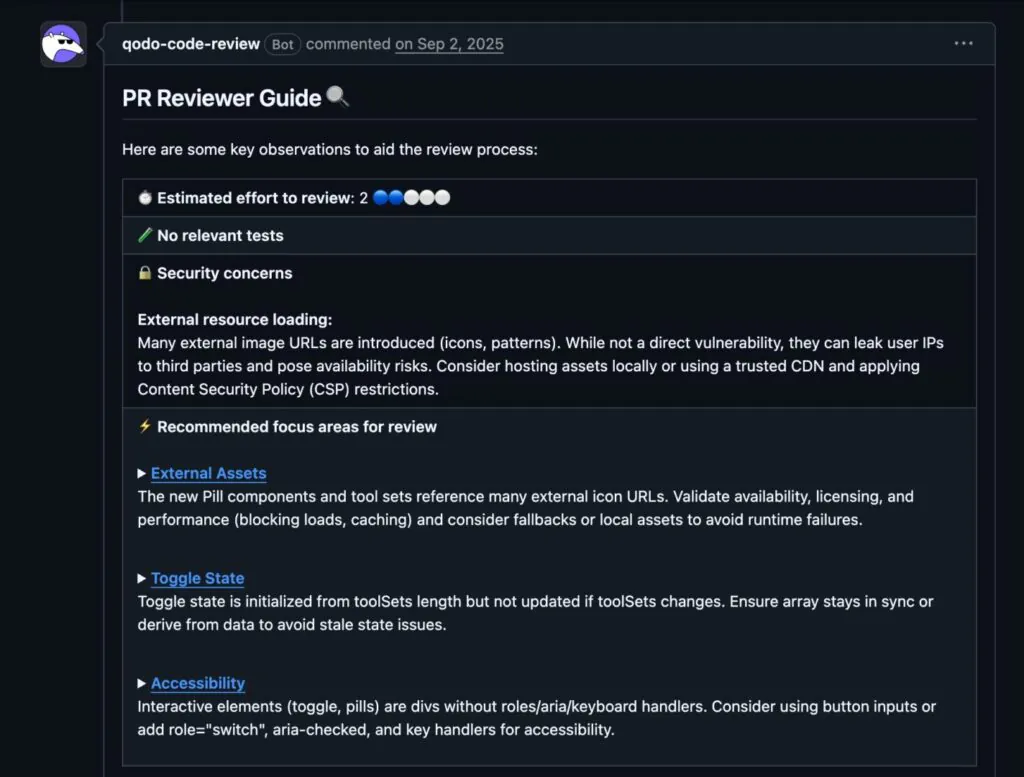 Screenshot of Qodo PR Reviewer Guide highlighting security concerns and review focus areas