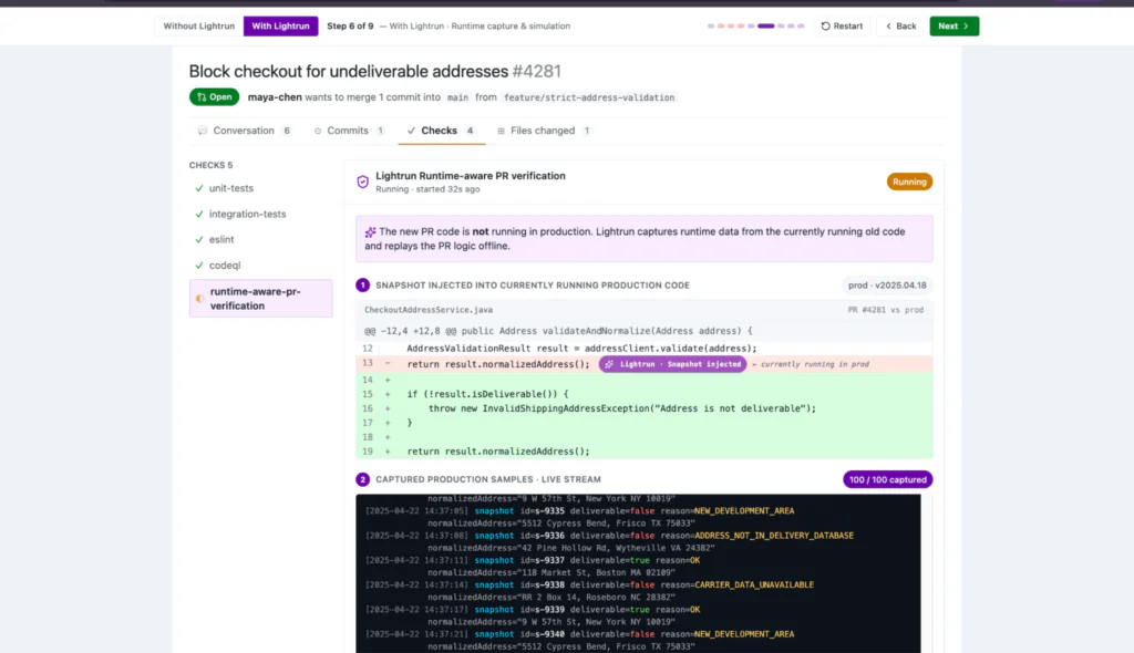 Screenshot of Lightrun Runtime-Aware PR Verifier check showing live production data injected into a GitHub pull request