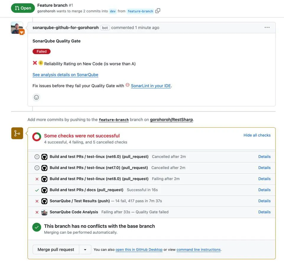 Screenshot of SonarQube Quality Gate failure and CI check results on a pull request