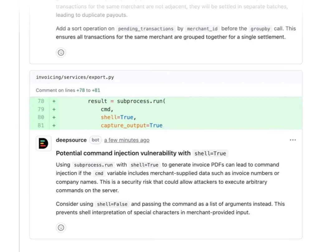 Screenshot of DeepSource review comments flagging a command injection vulnerability and payout logic bug